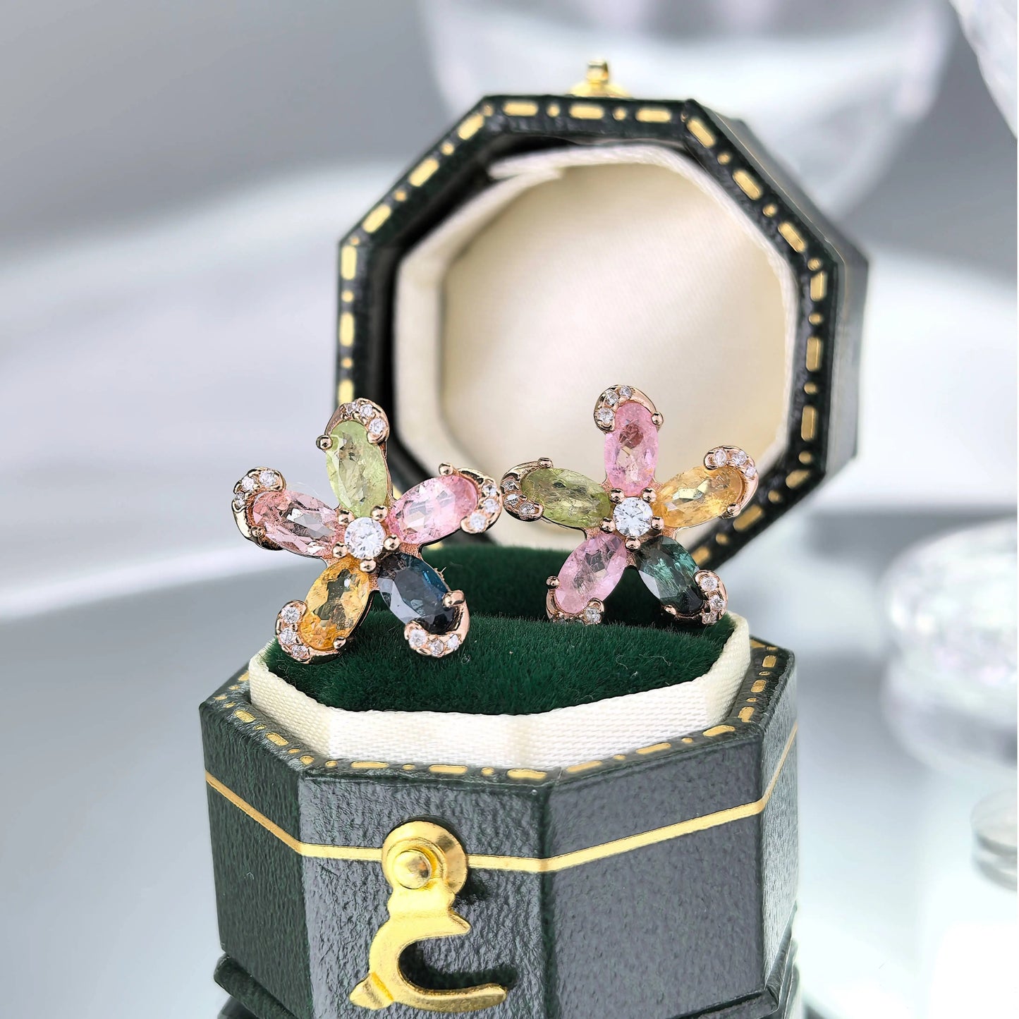 Tourmaline Blossom Stud Earrings (Detailed)